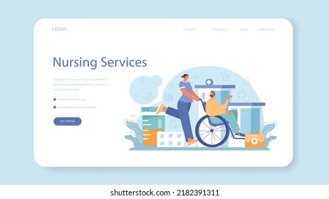 Nurse web banner or landing page. Medical assistant, hospital worker taking care of patient. Physician study patient medical history. Modern paramedic treatment. Flat vector illustration