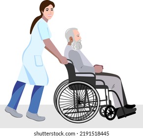 Nurse wheeling patient elderly gray haired  man for a walk Vector