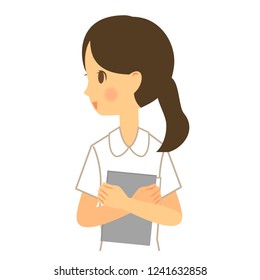 A nurse who smiles to face sideways