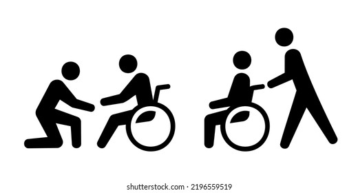 Nurse who supports a patient with a disability pushing a wheelchair Black and white vector icon material set