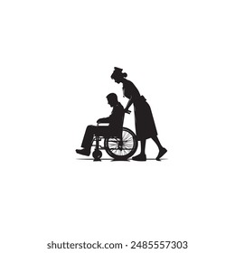 Nurse who supports a patient with a disability pushing a wheelchair Black and white vector icon material set