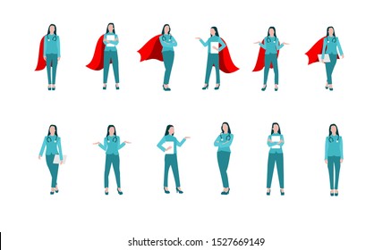 Nurse woman in action poses. Female superhero flying. flat illustration
