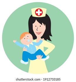 Nurse, woman with baby boy, vector illustration at circle green background