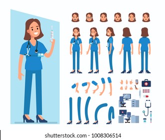 Nurse woman character constructor and objects for animation scene. Set of various women's poses, faces, mouth, hands, legs. Flat style vector illustration isolated on white background. Nurse woman character constructor and objects for animation scene. Set of various women's poses, faces, mouth, hands, legs. Flat style vector illustration isolated on white background.