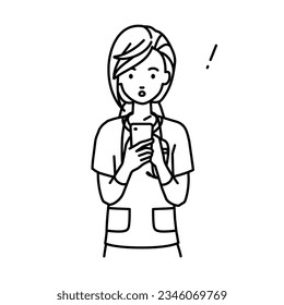 a nurse woman found and noted something standing, looking in and using smart phone in her hands