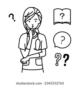 a nurse woman holding a question standing with her finger on her chin question mark set