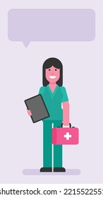 Nurse woman holding suitcase and digital tablet. Flat people. Vector illustration