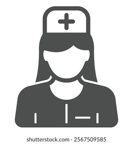 Nurse woman with medical cross hat solid icon, human rescue concept. Vector graphics. Paramedic avatar profile sign on white background, glyph style icon for mobile or web design