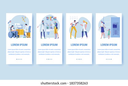 Nurse with Woman on Wheelchair Coming to Dostor for Medical Checkup Results Flat Cartoon Banner Vector Illustration. Old Woman Visiting Doctor. Man with Dumbbells. Mother with Daughter at Hospital.