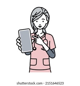 a nurse woman recommending, proposing, showing and pointing smart phone mock-up screen with a smile