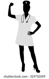 Nurse woman showing arm muscles smiling