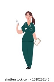 Nurse. The woman stands, in her hands syringe and hospital card, on neck phonendoscope. Cute girl in the uniform of the nurse smiles. Character vector illustration in flat style.