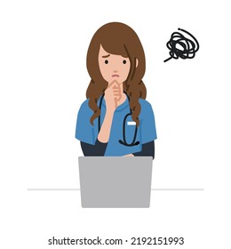 a nurse woman using laptop computer having trouble with her finger on her chin at her desk