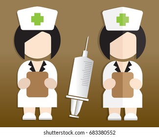 Nurse work hospital clipboard and injection needle, cartoon character. Vector illustration flat icon symbol.