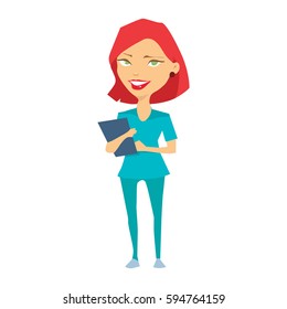 Nurse at work, in uniform, standing and writing on clipboard, cartoon character, medical staff, vector illustration, hospital