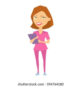 Nurse at work, in uniform, standing and writing on clipboard, cartoon character, medical staff, vector illustration, hospital