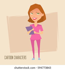 Nurse at work, in uniform, standing and writing on clipboard, cartoon character, medical staff, vector illustration, hospital