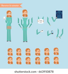 Nurse at work. Vector illustration of cheerful nurse. Set for animation