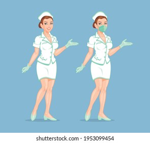 Nurse at work. Young attractive smiling female doctor in medical uniform and face mask, isolated. Full length. Vector illustration.