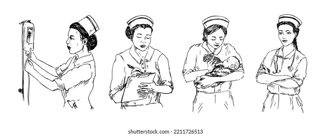 Nurse working set, hand drawn doodle, sketch in pop art style, black and white vector illustration