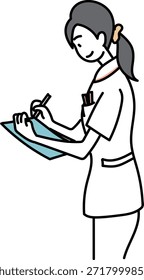 Enfermera escribiendo notas en un Portapapeles, ilustración médica simple