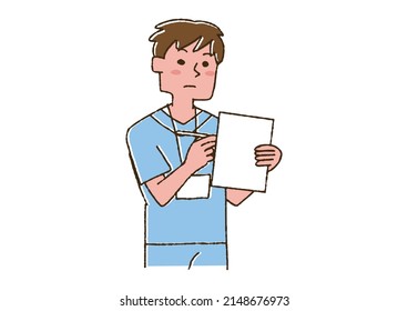 Nurse writing on documents Comical handwritten person Vector, color on line drawing