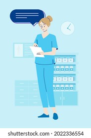 Nurse Writing On Medical Lab Patient Health Check. Healthcare And Medical Concept. Hand Draw Thin Line Style. Vector Illustration.