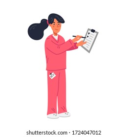 Nurse. Young nurse in pink scrubs holding medical chart. Medical team in conditions of coronavirus pandemic, fight against covid-19. Flat style vector illustration on white background