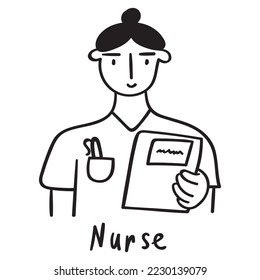 Nurse. Young woman specialist. Outline vector icon. 