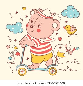 Nursery animal print with cute bear boy riding scooter. Used for baby shower or greeting card, for kids fashion or newborn baby fabric