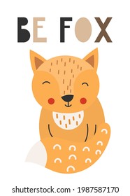 Nursery animal prints kids room posters. Cute woodland fox on white background. Vector illustration.