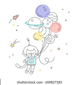 Nursery Art: Cute Little Hand-drawn Cat Flies To The Space On The Air Balloons.