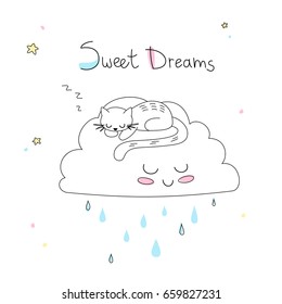 Nursery art: cute little hand-drawn cat sleeps on the funny soft cloud.