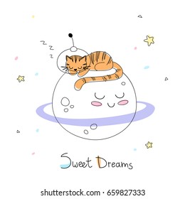 Nursery art: cute little hand-drawn tiger in a space suite sleeps on the surface of adorable planet.