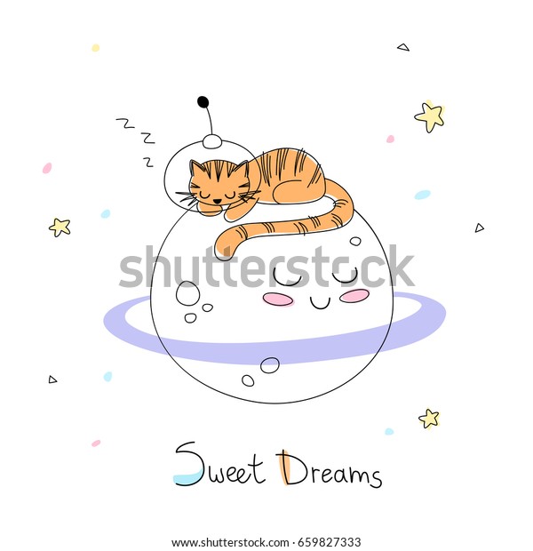Nursery art: cute little
hand-drawn tiger in a space suite sleeps on the surface of adorable
planet.