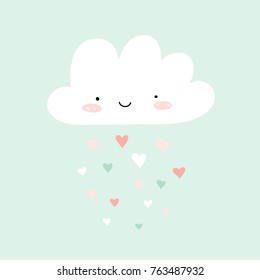 Nursery art with happy smiling cloud and hearts rain. Cute Valentines illustration. 