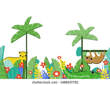 Nursery art with tropical animals and plants. Kids decoration. Vector hand drawn illustration.