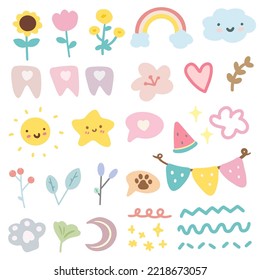 Nursery baby illustrations. Cartoon elements for a child's holiday. Collection of different cute elements. Vector illustration