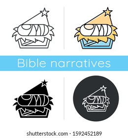 Nursery with baby Jesus icon. Holy infant in manger on straw under light of Bethlehem star. Birth of messiah. Bible narrative. Flat design, linear and color styles. Isolated vector illustrations