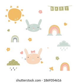 Nursery baby pattern illustration. Nursery decor wall art. Cute bunnies. Boho rainbows for kids room. Cute baby animals pattern