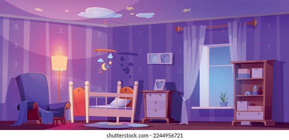 Guardería, habitación para bebés con cama de matrimonio, silla, lámpara de pie y juguetes móviles por la noche. Interior de dormitorio infantil vacío con cuna, cortinas en la ventana, alfombra y sillón, ilustración vectorial de dibujos animados