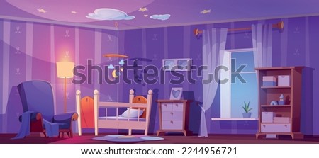 Nursery, baby room with cot bed, chair, floor lamp and toys mobile at night. Empty child bedroom interior with cradle, curtains on window, carpet and armchair, vector cartoon illustration