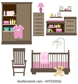 Nursery Baby Room With Baby Crib, Chair, Toys, Kid Dresser. 