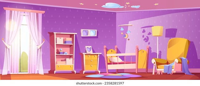 Nursery baby room interior with child bed and toy furniture. Childish bedroom for sleep cartoon background. House indoor illustration with purple wall and newborn crib. Yellow armchair near cradle