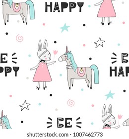Nursery birthday seamless pattern in scandinavian style. Monochrome vector illustration.