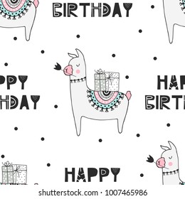 Nursery birthday seamless pattern in scandinavian style. Monochrome vector illustration.