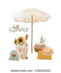 Nursery boho poster for baby room with toys and picnic decoration with, hello summer,  lettering. Hand drawn vector illustration for prints, kids cards, t-shirts.