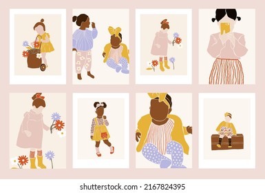 Nursery boho posters with baby girls for room. Hand drawn vector illustration for prints, kids cards, t-shirts, wall art.