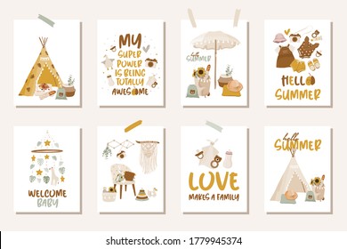 Nursery boho posters for baby room, apparel, toys, teepee, picnic and quote. Hand drawn vector illustration for prints, kids cards, t-shirts.