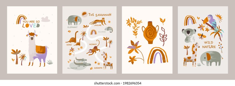 Nursery boho posters for baby room with animals, rainbow, safari, boho elements. Hand drawn vector illustration for prints, textile, kids cards, t-shirts.